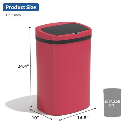 13 Gallon/50 L Kitchen Trash Can with Lid, Garbage Can with Touch-Free Lid, Cute Automatic Trash Can Bathroom Trash Bin, Motion Sensor Waterproof Trash Bin - color: Red, size: 1 Trash Can