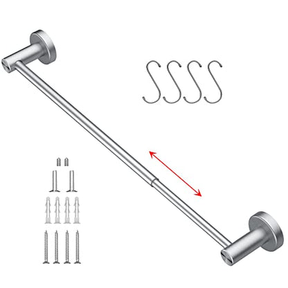 Bath Towel Bar, Adjustable Length 16 to 27.6 Inch, Brushed Nickel | Stainless Steel Single Towel Rack, Wall Mounted Towel Holder with S Hooks for Shower Washroom Kitchen, Easy to Install - color: Brushed Nickel