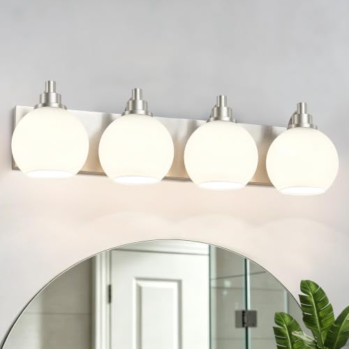 IZORRO Bathroom Light Fixtures, 4-Light Brushed Nickel Vanity Light, Modern Wall Sconces with Globe Milk White Glass Shade, Vanity Lighting Fixtures Over Mirror,E26 Bulb Socket - color: Nickel-white, size: 4-Light
