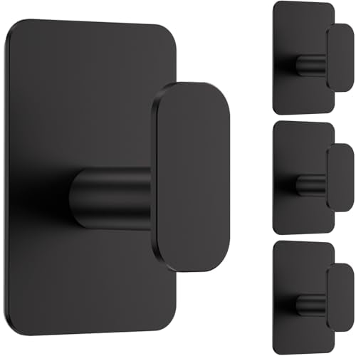 Large Heavy Duty Wall Hooks - 26lb Max, Stainless Steel Adhesive Towel Hooks for Hanging Towel, Coat, Robe, Hat, Sticky Towel Holder for Wall Mount in Bathroom, Shower, Kitchen (Black, 4 Pack) - color: Black-4
