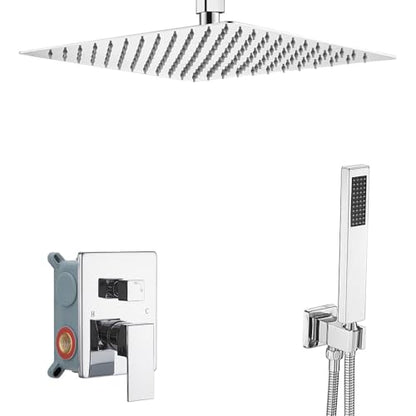 12 Inch Polished Chrome Ceiling Mount Shower System Bathroom Luxury Rain Mixer Shower Combo Set Ceiling Rainfall Shower Head System Faucet Contain Rough-in Valve and Trim Included - color: Polished Chrome, size: 12 Inch
