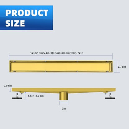 Linear Shower Drain 18 inch Brushed Gold with Tile Insert Grate | AISI 304 Stainless Steel Brushed Gold Linear Drain Rectangle Shower Floor Drain with Hair Strainer and Leveling Feet - color: Gold, size: 18 inch