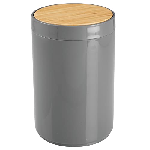 mDesign Plastic Round Trash Can Small Wastebasket - Garbage Bin Container with Swing-Close Lid - Bathroom Garbage Basket - Holds Waste, Recycling - 1.3 Gallon - Basa Collection - Charcoal Gray/Natural - color: Natural/Charcoal Grey