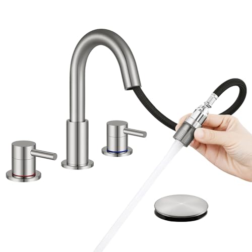 Bathroom Sink Faucet 3 Hole with Pull Down Sprayer, Brushed Nickel | Lead-free stainless steel, pop-up drain, 2-handle, 360°swivel, 8-inch widespread Faucet for RV/vanity sink, 3-hole mount - color: 2-Brushed Nickel, style: 8 Inch Pull Down
