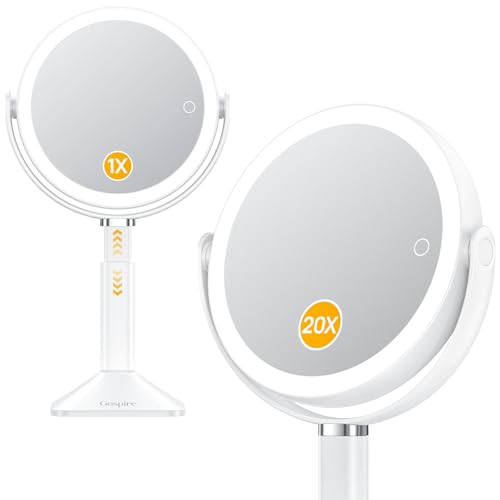 Gospire 20X Magnifying Vanity Mirror with Lights - Height Adjustable Lighted Makeup Mirror with Magnification, 4000mAh Rechargeable Battery, 3 Colored Dimmable Light for Desk Home Travel, White - color: White