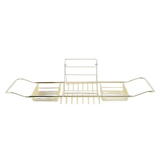 Yctze Stainless Steel Bathtub Tray, Adjustable Shower Tub Caddy with Extendable Sides & Removable Book Holder for Bathroom Accessories (Gold) - color: Gold