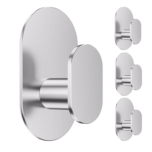 Aikzik Adhesive Towel Hooks - 4 Pack 26LB Heavy Duty Wall Sticky Waterproof Hooks for Hanging Coat, Towel, Robe, Wall Mount for Bathroom or Kitchen (Silver, Stainless Steel) - color: Silver-4