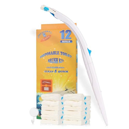 Disposable Toilet Bowl Brush Holder System with Flushable Refill Pads | Flushable, Disposable, Easy to Use, With 1 Toilet Brush+1 Holder+1 Cleaning Glove+12 Refills - color: Complete - 12 Refills (Brush & Holder)