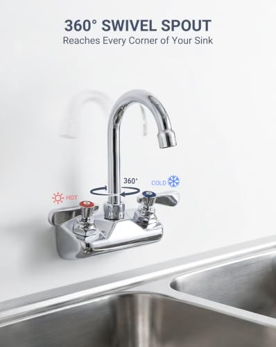 Commercial Sink Faucet Wall Mount 4" Center Hand Sink Faucet - 3-1/2" Gooseneck Spout, Dual Lever Handles for Commercial Kitchen, Laundry/Utility Room, Restaurant | Brass Body, Ceramic Valve - size: 4" Center 3-1/2" Swivel Spout