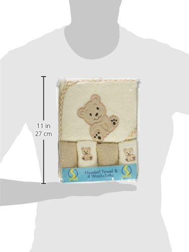 Spasilk 5-Piece Soft Terry Hooded Bath Towel and Washcloth Set, 1 Baby Towel and 4 Baby Washcloths for Newborn Boys and Girls, Brown Bear
