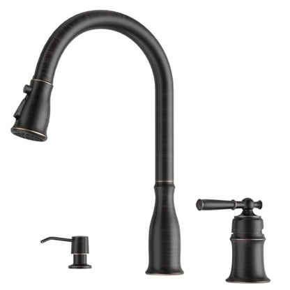 DAYONE 3 Holes Kitchen Sink Faucets with Soap Dispenser and Separate Handle, 2 Holes Pull Down Oil Rubbed Bronze Sink Faucet for Kitchen, Single Handle High Arc, DAY-279ORB - color: Oil Rubbed Bronze, style: 3 Holes
