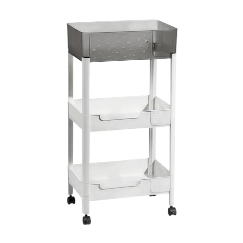 3 Tier Rolling Cart with Wheels 4.7'' Deep Baskets Bathroom Storage Shelf Heavy Duty Plastic Bedside Cart, Large Capacity Snack Stand Diaper Caddy Laundry Room Kitchen Organizer, White - size: 3-tier