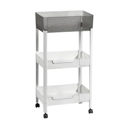 3 Tier Rolling Cart with Wheels 4.7'' Deep Baskets Bathroom Storage Shelf Heavy Duty Plastic Bedside Cart, Large Capacity Snack Stand Diaper Caddy Laundry Room Kitchen Organizer, White - size: 3-tier