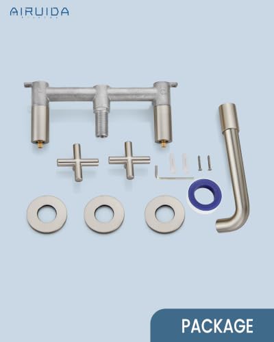 Airuida Solid Brass Brushed Nickel Wall Mount Bathroom Faucet | 360° Swivel Spout,Rough in Valve,2 Cross Handle,3 Hole,Widespread - color: Brushed Nickel