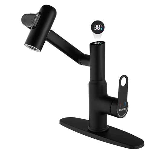Bathroom Faucet, Rotatable Faucets with Temperature Display in Celsius (Batteries-Free), 3 Water Outlet Modes Single Hole Faucet with Sink Plate for Bathroom Sink (Matte Black) - color: Matte Black