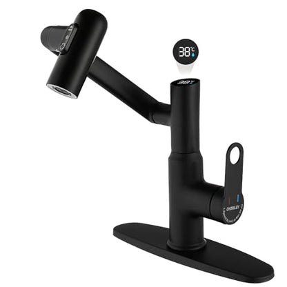 Bathroom Faucet, Rotatable Faucets with Temperature Display in Celsius (Batteries-Free), 3 Water Outlet Modes Single Hole Faucet with Sink Plate for Bathroom Sink (Matte Black) - color: Matte Black