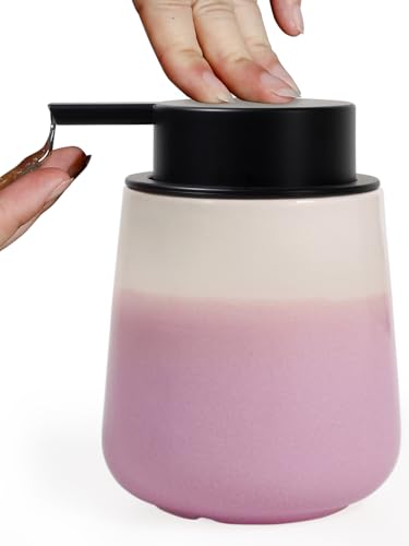 INGOFIN Ceramic Hand Soap Dispenser - 12 oz Liquid Lotion Dispenser Bathroom, Refillable Modern Dish Soap Dispenser with Pump for Kitchen, Beige and Pink - color: Beige and Pink