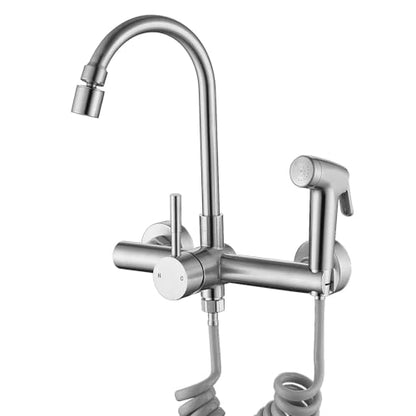 Wall Mount Kitchen Faucet with Side Sprayer, Mixer Tap, 360�� Swivel Spout | 304 Stainless Steel Constructed, Brushed Nickle, Rotatable, 8"" Center - color: Style E