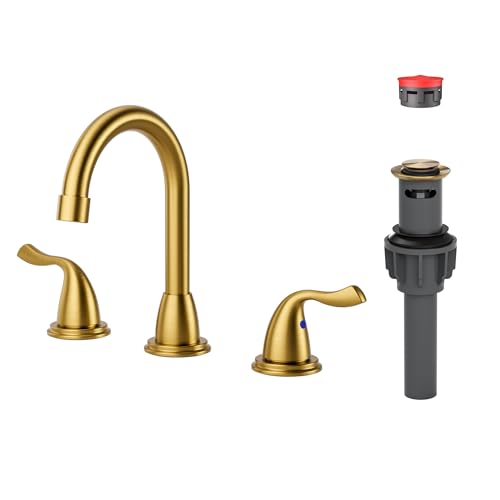 ARCORA Gold Bathroom Faucet 3 Hole, 8 Inch Widespread Bathroom Sink Faucet | Lead-Free Vanity Faucet with 360° Swivel Spout, 2 Handles Brushed Gold Faucet for Bathroom Sink with Drain and Supply Lines - color: Brushed Gold, size: 8 Inch Widespread