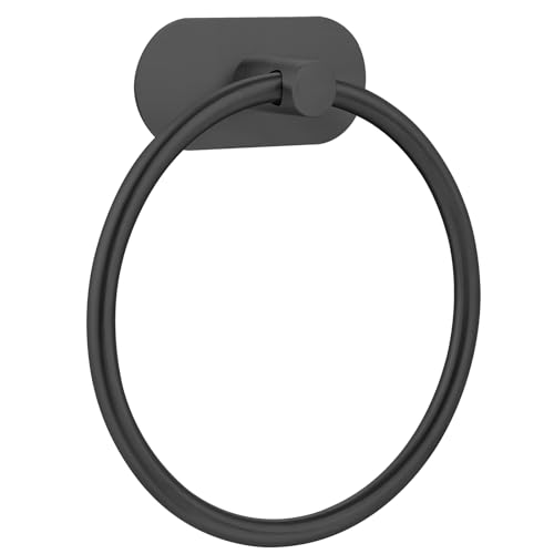 Self-Adhesive Towel Ring for Bathroom, No Drilling Stainless Steel Rustproof Hand Towel Holder, Wall Mounted Bathroom & Kitchen Towel Hanger with Strong Adhesive, Modern Bath Organizer Matte Black - color: Black, size: 1 Pack