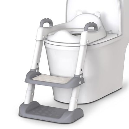 HBTower Potty Training Seat with Step Stool Ladder & Safety Handles,Grey | Foldable Toddler Toilet Seat with Splash Guard for Boys and Girls, Comfortable Kids Potty Cushion & Anti-Slip Pads