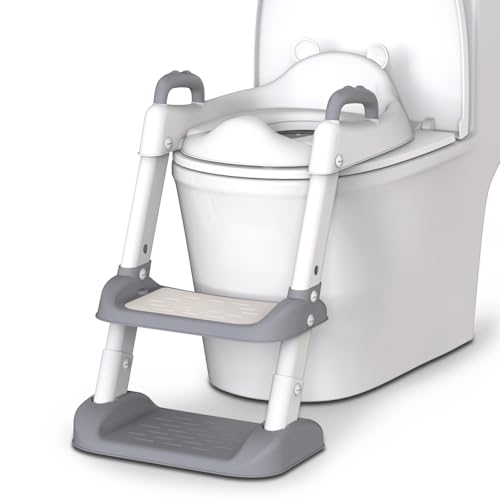 HBTower Potty Training Seat with Step Stool Ladder & Safety Handles,Grey | Foldable Toddler Toilet Seat with Splash Guard for Boys and Girls, Comfortable Kids Potty Cushion & Anti-Slip Pads