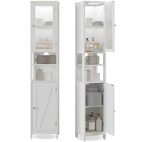 ChooChoo Narrow Bathroom Storage Cabinet with Light, Space Saving | Space Saving,Tall Bathroom Storage Cabinet, 5-Tier, 2 Doors, Slim, Freestanding, Adjustable Shelves, White - color: White
