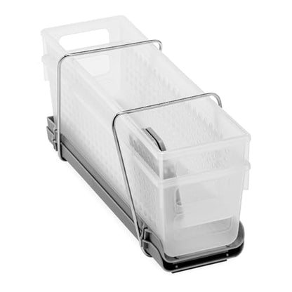 madesmart Compact Two Tier Organizer, Frost | pull out bins, adjustable dividers, tiered access, cleaning supplies, under sink use, pantry bottles, woman owned
