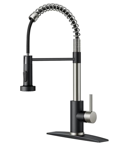 FORIOUS Kitchen Faucets, Pull Down Sprayer, Classic High Arc, Black Brushed | Lead-Free Stainless Steel, Single Handle Commercial Spring Sink Faucet for Laundry Utility Room, Bar Outdoor Farmhouse Camper - color: Black&Brushed
