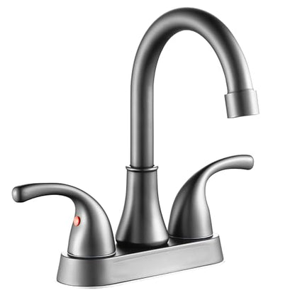 Bathroom Sink Faucet FRANSITON 4 Inch 2 Handle Lead-Free Brushed Grey Bath Sink Faucet with Pop-up Drain Stopper and Supply Hoses - color: BrushedGrey