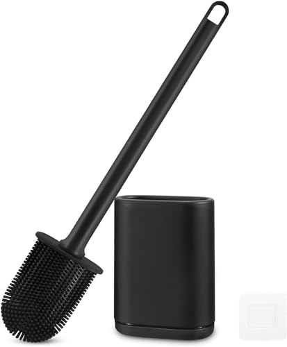 Silicone Toilet Brush and Holder Bendable Efficient Cleaning Wall Mounted Toilet Bowl Brush with Long Handle Brush Head and Silicone Bristles No Rusty Handles Problem (Black) | Bendable Efficient Cleaning Long Handle Efficient Cleaning RV Compact Bathroom