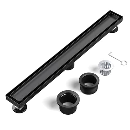 EXF Linear Shower Drain 18 Inch Matte Black with Reversible Flat & Tile Insert Cover, Stainless Steel Rectangle Shower Floor Drain with Hair Catcher, Adjustable Feet - color: Matte Black, size: 18 IN
