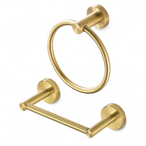 Gold Toilet Paper Holder Towel Ring, Brushed Gold Bathroom Accessories Hand Towel Holder Wall Mount Bath Hardware Set Tissue Roll Holder with Double Post SUS304 Stainless Steel 2pc