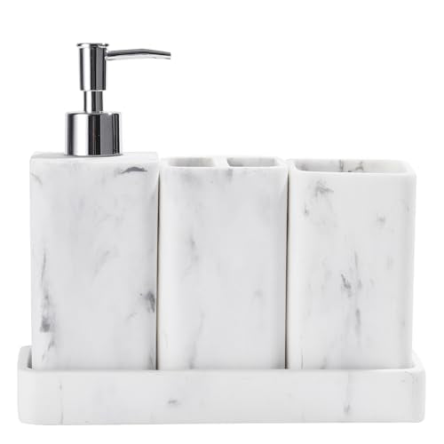Bathroom Accessories Set, 4 Piece Toothbrush Holder Set Marble White | Bathroom Accessory Set with Soap Dispenser, Toothbrush Holder, Tumbler, Vanity Tray, Bathroom Sink Set for Modern Home Decor - style: White