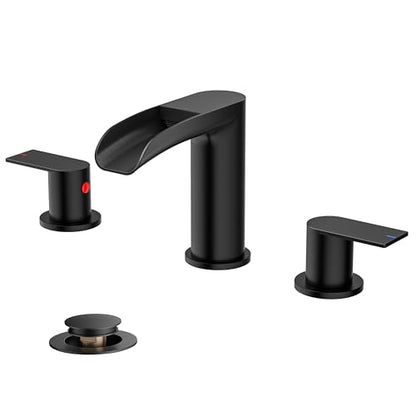 FORIOUS Bathroom Faucet 3 Hole Widespread Sink 8 Inch 2 Handle Matte Black | 3-hole 6-12 Inch Widespread Sink, Waterfall Faucets, with Drain and Hoses,for Vanity Rv Commercial Lavatory Restroom Basin - color: Matte Black