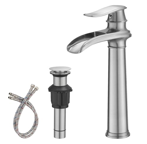 BWE Vessel Sink Faucet Brushed Nickel Tall Waterfall Bathroom Faucet | Deck Mount Single Handle One Hole Lavatory Vanity Faucet with Pop Up Drain Assembly and Supply Hose,Solid Brass - color: Brushed Nickel, size: 11.81 inch Vessel Version