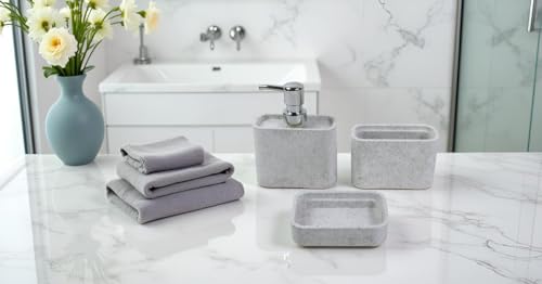 Hymmah Marble Pattern Bathroom Accessories Set, Toothbrush Holdr Set, 3 Pieces Resin Bathroom Set with Toothbrush Holder, Soap Dispenser, Soap Dish,Tumbler(Grey) - color: Grey