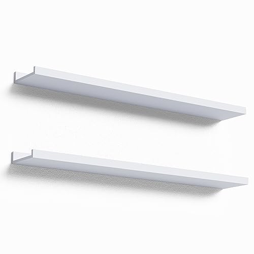 Boswillon Floating Shelves Set of 2, Long Wall Shelf with Lip, 36in, Oak | Display Ledge Shelf for Room Wall, Wall Decor Shelves for Bathroom, Living Room, Bedroom, Kitchen, Nursery Room, Modern, Wood - color: White, size: 35.4 in