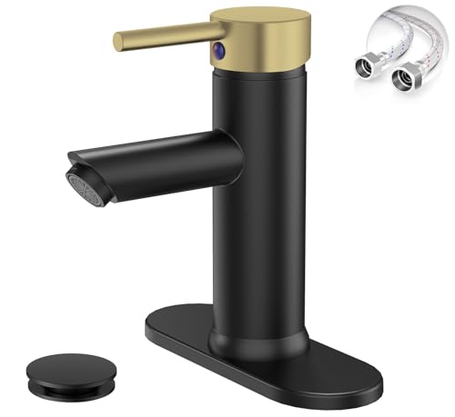 Bathroom Faucet for 1 or 3 Holes, Black and Gold, Brass | Single Handle Bathroom Sink Faucets, Modern Commercial Lavatory Vanity Faucet,with Deck Plate and Supply Line, Pop Up Drain - color: Black & Gold