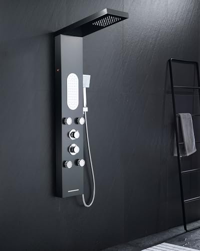 5-in-1 LED Shower Panel Tower System Stainless Steel Black | LED rain head | 4 massage jets | Body waterfall spray | Handheld shower | Tub spout | Wall mount - color: Black