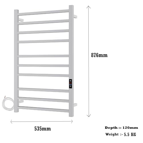 SATOH Towel Warmer for Bathroom Heated Towel Rack Wall Mounted Electric Drying Rail with Plug-in Installation & Timer Stainless Steel Hot Towel Warmer - 88cm x 53cm (Polished Chrome)