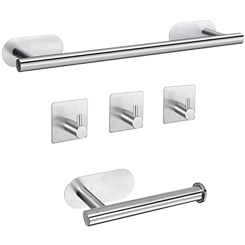 Self Adhesive Towel Bar, JiGiU Bathroom Hardware Set Include 16-Inch Bath Towel Bar,Toilet Paper Holder & 3 Packs Towel Hooks SUS304 Stainless Steel Wall Mount No Drill Sticky on Towel Holder Kit | With 16" Bath Towel Bar,Toilet Paper Holder & 3PCs Towel