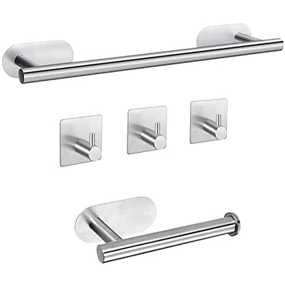 Self Adhesive Towel Bar, JiGiU Bathroom Hardware Set Include 16-Inch Bath Towel Bar,Toilet Paper Holder & 3 Packs Towel Hooks SUS304 Stainless Steel Wall Mount No Drill Sticky on Towel Holder Kit | With 16" Bath Towel Bar,Toilet Paper Holder & 3PCs Towel