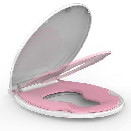 17" Round Toddler Toilet Seat, Built-In Potty Training Seat with Soft Quiet Close Non-Slip Design, Magnetic Kids Seat and Cover for Family Bathrooms, Durable and Easy to Clean,Pink - color: Pink, with Toddler Seat, size: Round (17″)