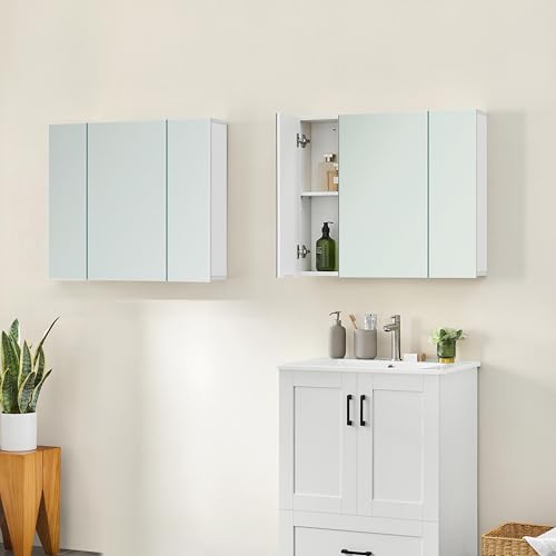 Yaheetech 28" White Bathroom Medicine Cabinet with 3 Frameless Mirror Doors | Bathroom Mirror with Storage, 28" x 24" x 6" MDF Wall Cabinet, Adjustable Shelf, Soft-Close Glass Doors, Frees Up Counters - style: 3 Doors