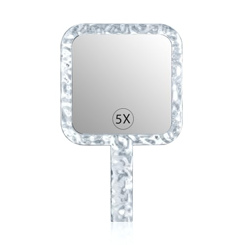YEAKE Hand Mirror,Double-Sided Handheld 1X/5X Magnifying Mirror with Handle for Makeup, Shaving Mirror with Hole Hanging,Acrylic, 6.1" W x 10" L, Square Shape, Transparent 1 PC - size: 10"L x 6.1"W