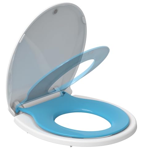 19" Elongated Potty Training Toilet Seat, Built-In Soft Quiet-Close Lid with Magnetic Blue Kids Seat and Non-Slip Design, Easy to Install and Clean - color: Blue, with Toddler Seat, size: Elongated (19″)