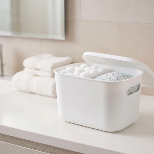 JOIKIT 6 Pack White Storage Bins with Lid, 10 x 7 x 6.3 Inch Bathroom Kitchen Organizer Bin with Cap, Plastic Vanity Storage Bins for Hand Soap Body Washes Towels Shampoos Lotions Bath Balls - size: 6PCS with Lid