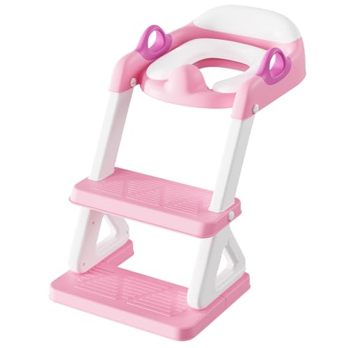 Potty Training Toilet Seat with Step Stool Ladder for Boys and Girls, 2 in 1 Potty Training Toilet, Splash Guard Anti-Slip Pad Step Stool （Pink) Pedal Upgrade. - color: Pink