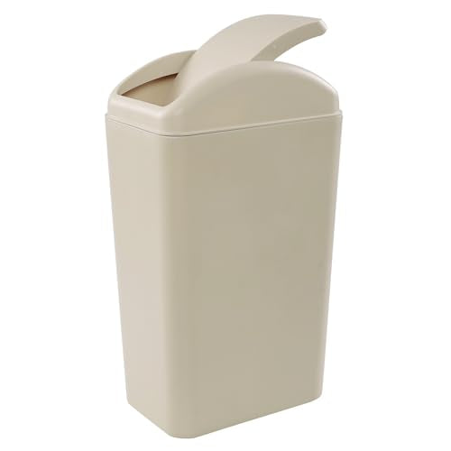 Obstnny 3.2 Gallon Slim Plastic Trash Can for Narrow Spaces, Khaki, 14L | Swing Lid Garbage Can Use at Home or Office